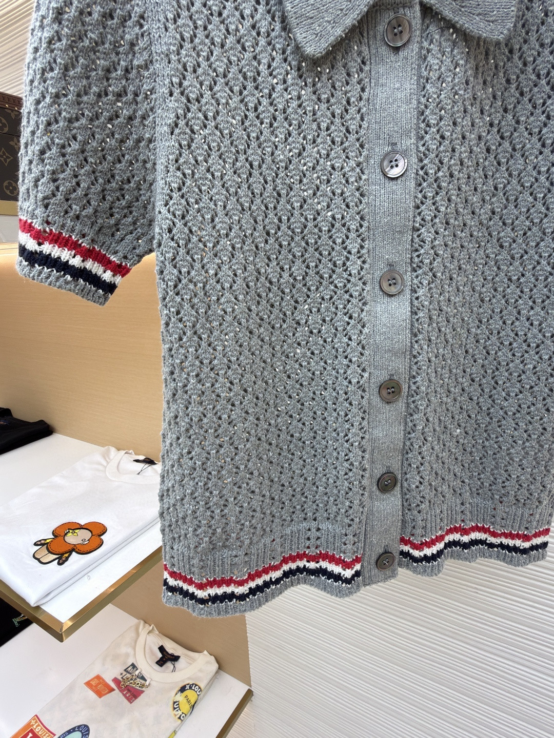 THOM BROWNE 条纹镂空针织衫 开衫 短袖 女款 灰色 蓝色 藏蓝色 粉色 B0 FKC694A-Y3062-065