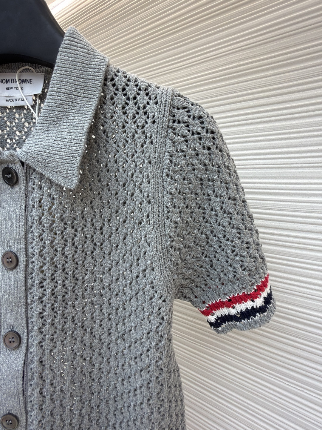 THOM BROWNE 条纹镂空针织衫 开衫 短袖 女款 灰色 蓝色 藏蓝色 粉色 B0 FKC694A-Y3062-065
