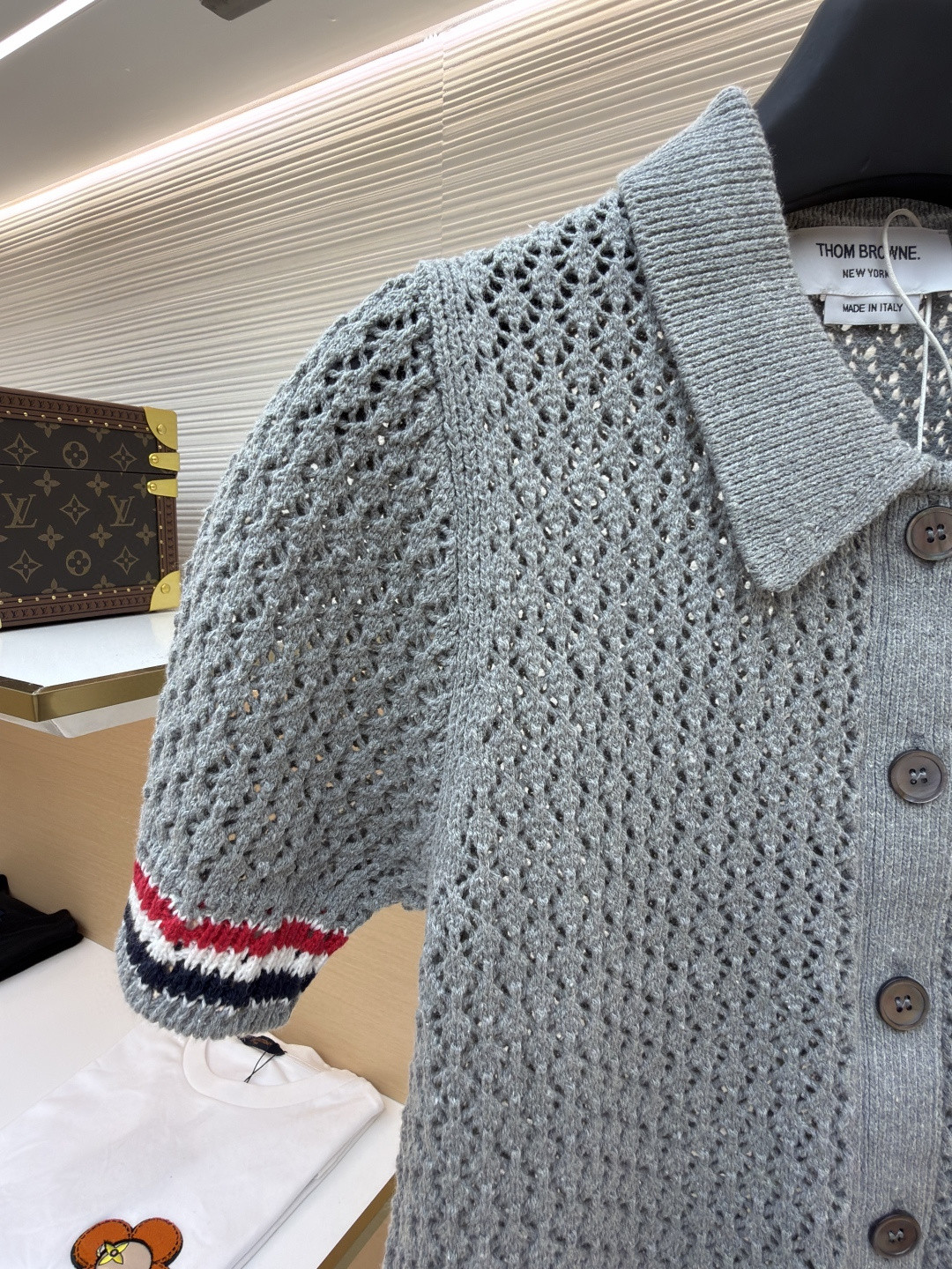 THOM BROWNE 条纹镂空针织衫 开衫 短袖 女款 灰色 蓝色 藏蓝色 粉色 B0 FKC694A-Y3062-065