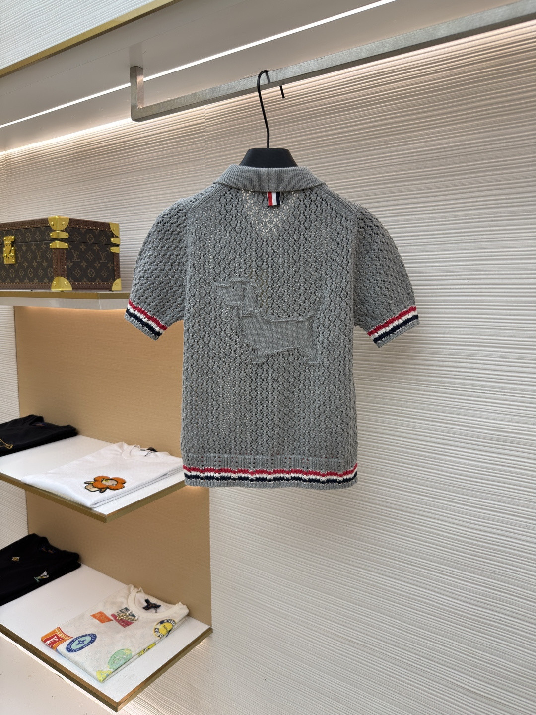 THOM BROWNE 条纹镂空针织衫 开衫 短袖 女款 灰色 蓝色 藏蓝色 粉色 B0 FKC694A-Y3062-065