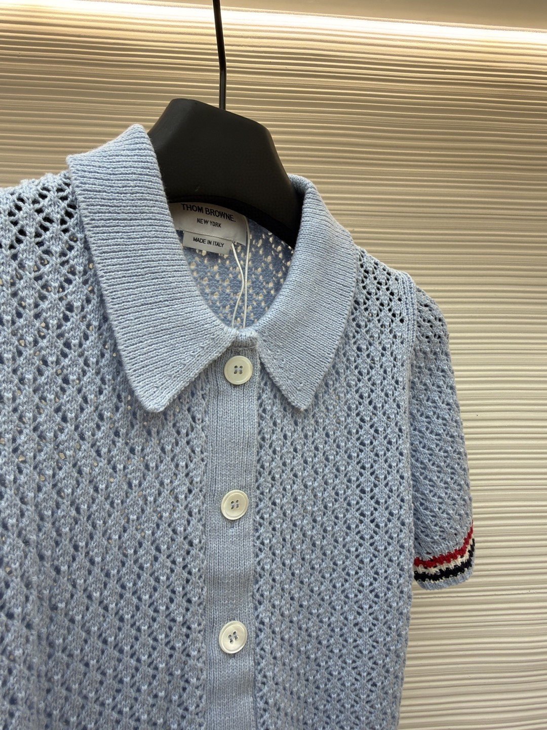 THOM BROWNE 条纹镂空针织衫 开衫 短袖 女款 灰色 蓝色 藏蓝色 粉色 B0 FKC694A-Y3062-065