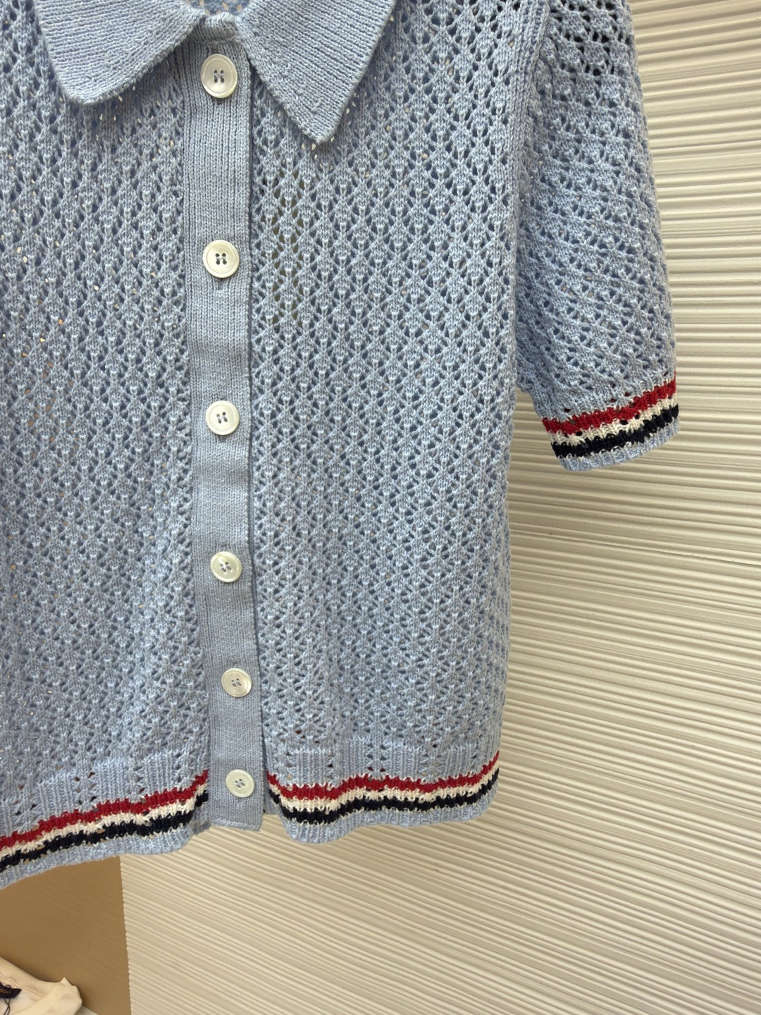 THOM BROWNE 条纹镂空针织衫 开衫 短袖 女款 灰色 蓝色 藏蓝色 粉色 B0 FKC694A-Y3062-065