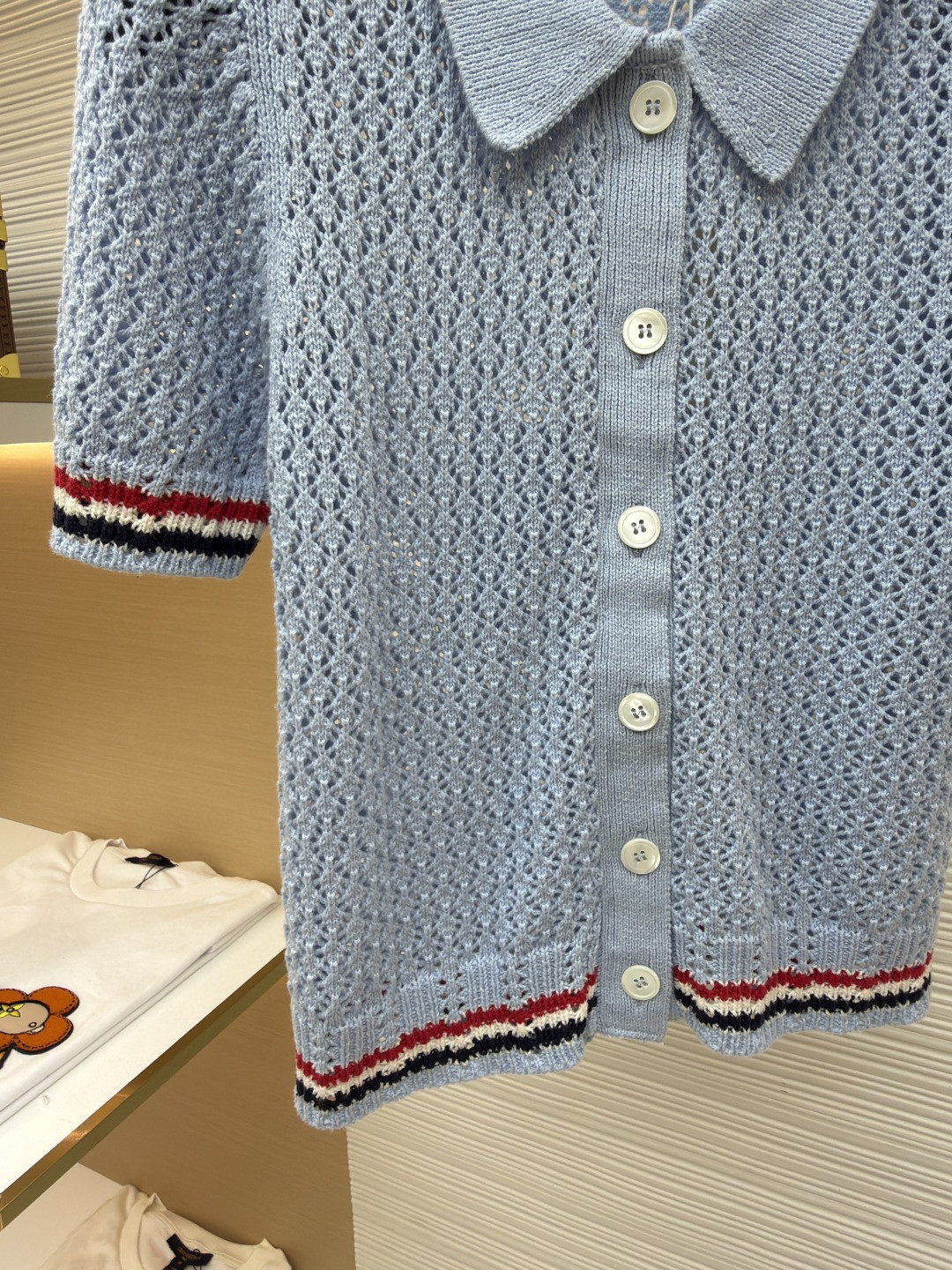 THOM BROWNE 条纹镂空针织衫 开衫 短袖 女款 灰色 蓝色 藏蓝色 粉色 B0 FKC694A-Y3062-065