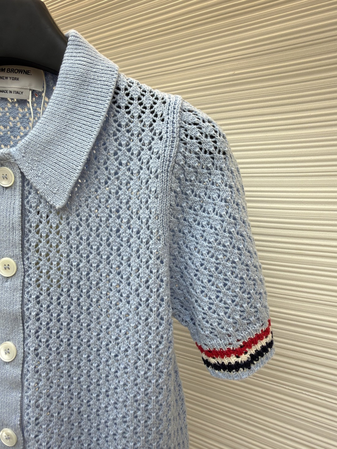 THOM BROWNE 条纹镂空针织衫 开衫 短袖 女款 灰色 蓝色 藏蓝色 粉色 B0 FKC694A-Y3062-065