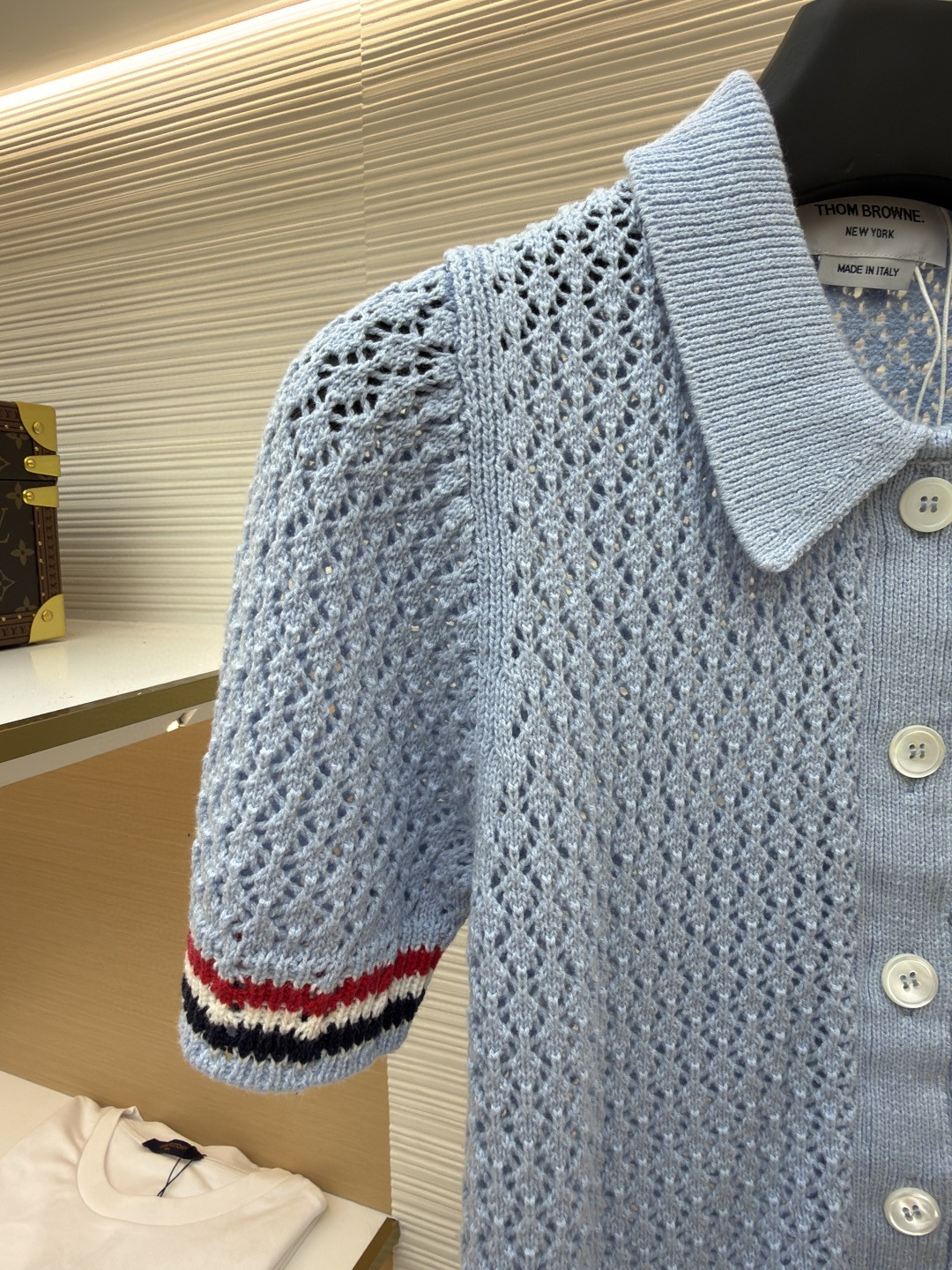 THOM BROWNE 条纹镂空针织衫 开衫 短袖 女款 灰色 蓝色 藏蓝色 粉色 B0 FKC694A-Y3062-065