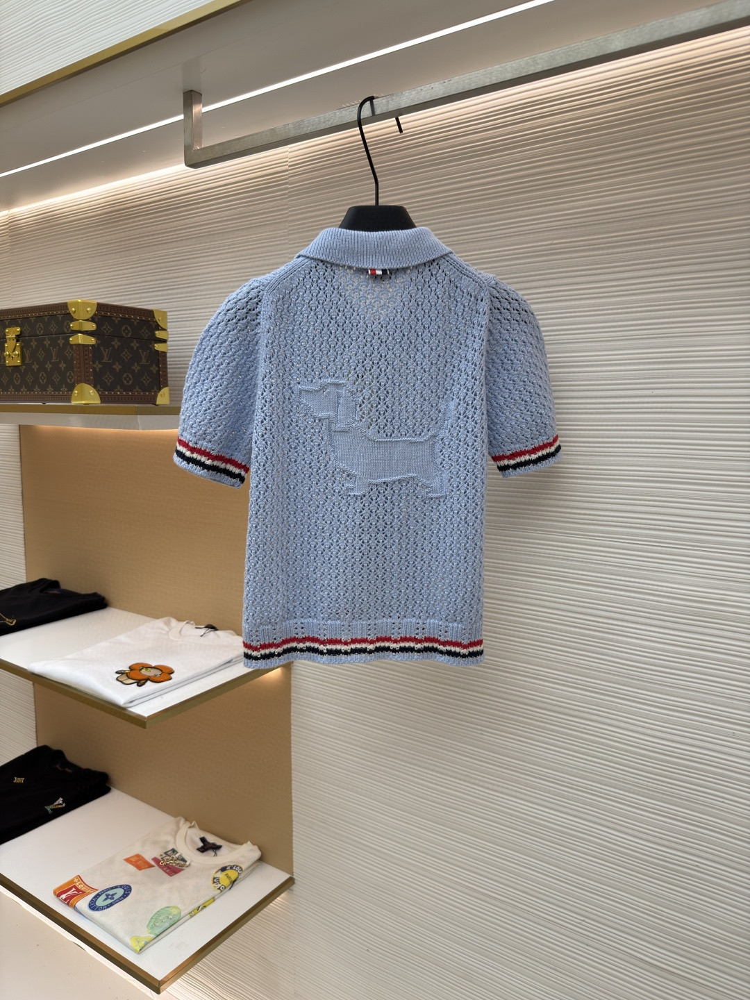 THOM BROWNE 条纹镂空针织衫 开衫 短袖 女款 灰色 蓝色 藏蓝色 粉色 B0 FKC694A-Y3062-065