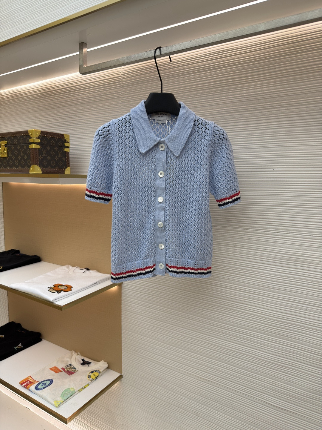 THOM BROWNE 条纹镂空针织衫 开衫 短袖 女款 灰色 蓝色 藏蓝色 粉色 B0 FKC694A-Y3062-065