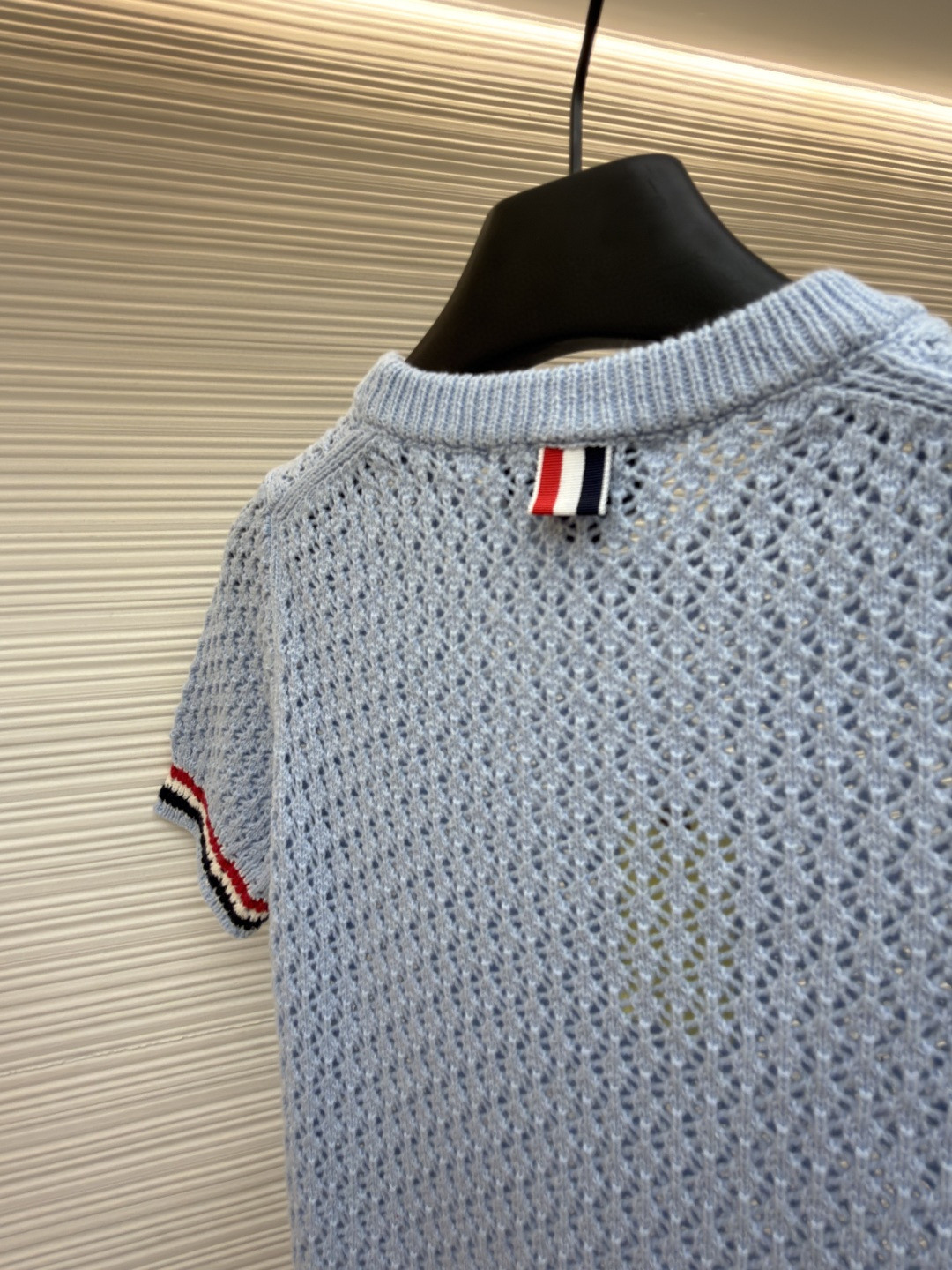 THOM BROWNE 条纹镂空圆领针织衫 短袖 T恤 灰色 蓝色 藏蓝色 粉色 白色 A7 FKA511A-Y306-2472