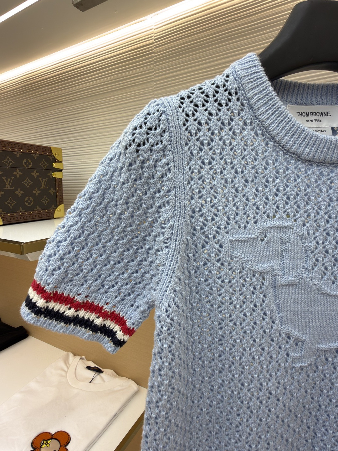 THOM BROWNE 条纹镂空圆领针织衫 短袖 T恤 灰色 蓝色 藏蓝色 粉色 白色 A7 FKA511A-Y306-2472