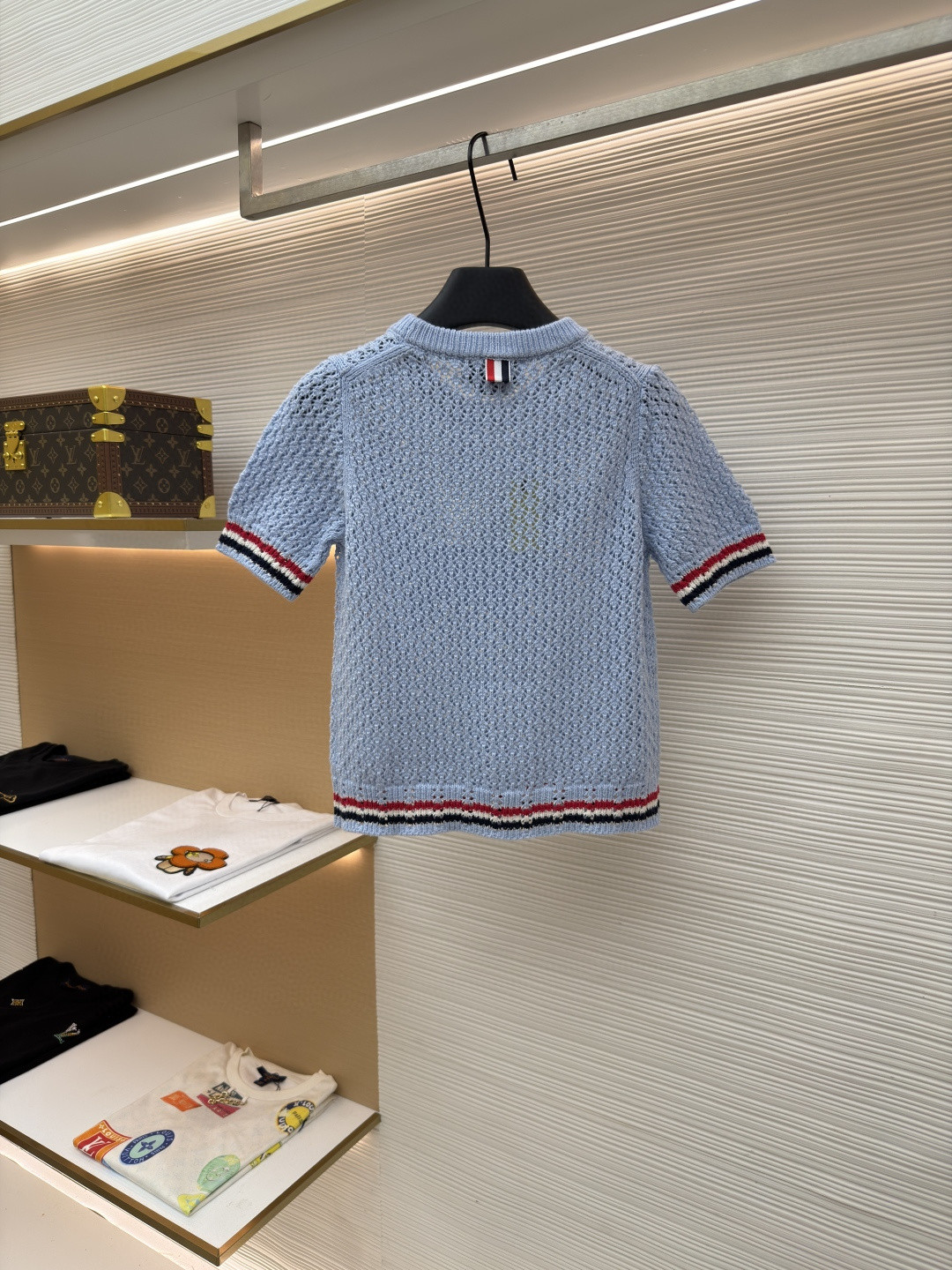 THOM BROWNE 条纹镂空圆领针织衫 短袖 T恤 灰色 蓝色 藏蓝色 粉色 白色 A7 FKA511A-Y306-2472