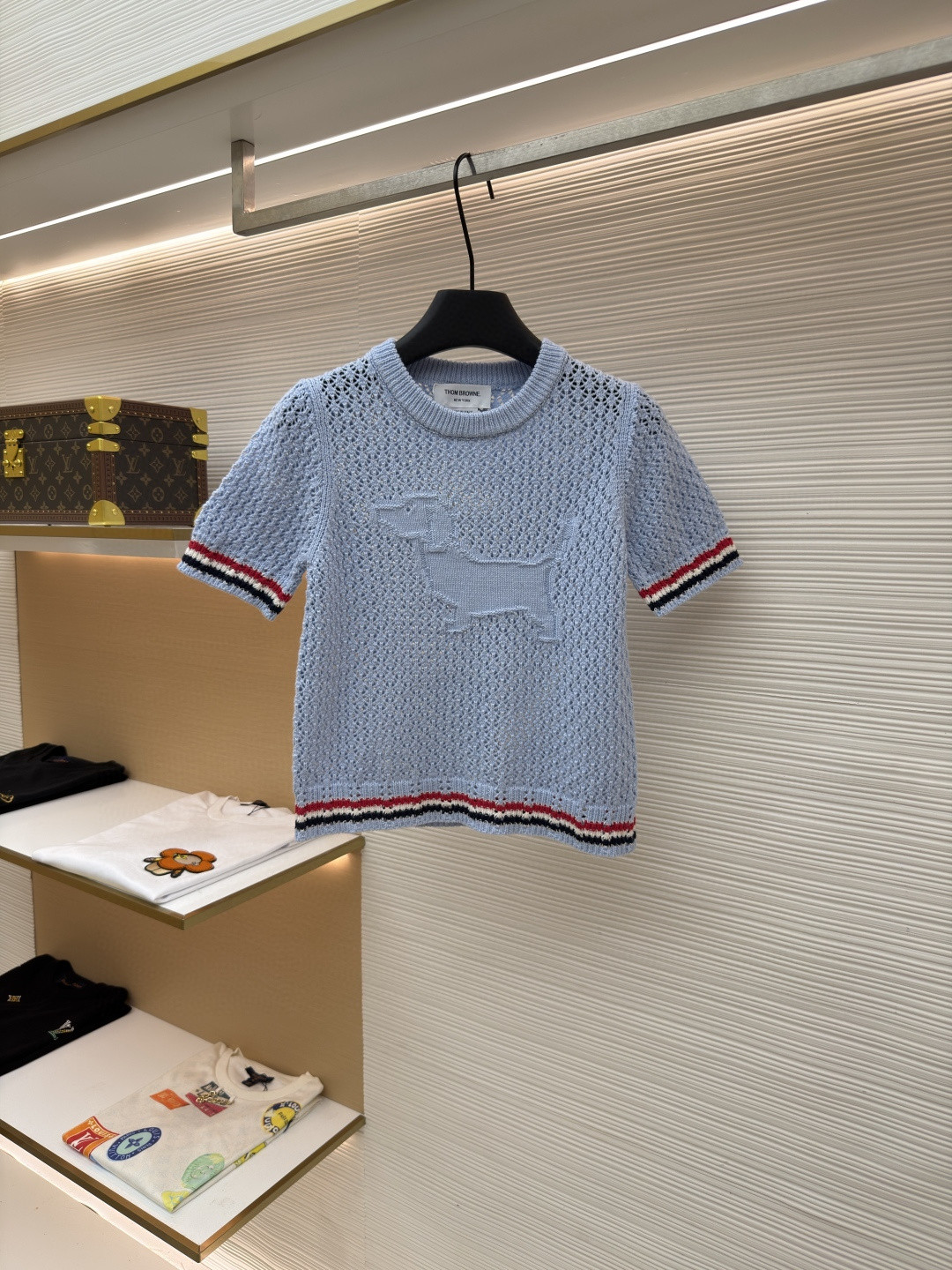 THOM BROWNE 条纹镂空圆领针织衫 短袖 T恤 灰色 蓝色 藏蓝色 粉色 白色 A7 FKA511A-Y306-2472