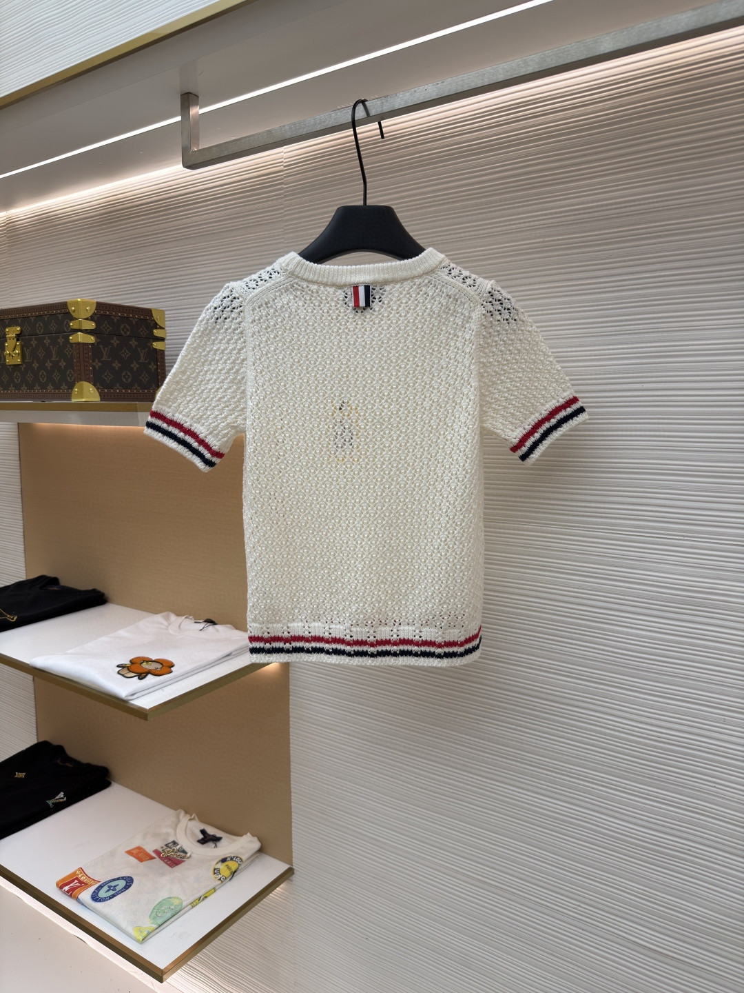 THOM BROWNE 条纹镂空圆领针织衫 短袖 T恤 灰色 蓝色 藏蓝色 粉色 白色 A7 FKA511A-Y306-2472