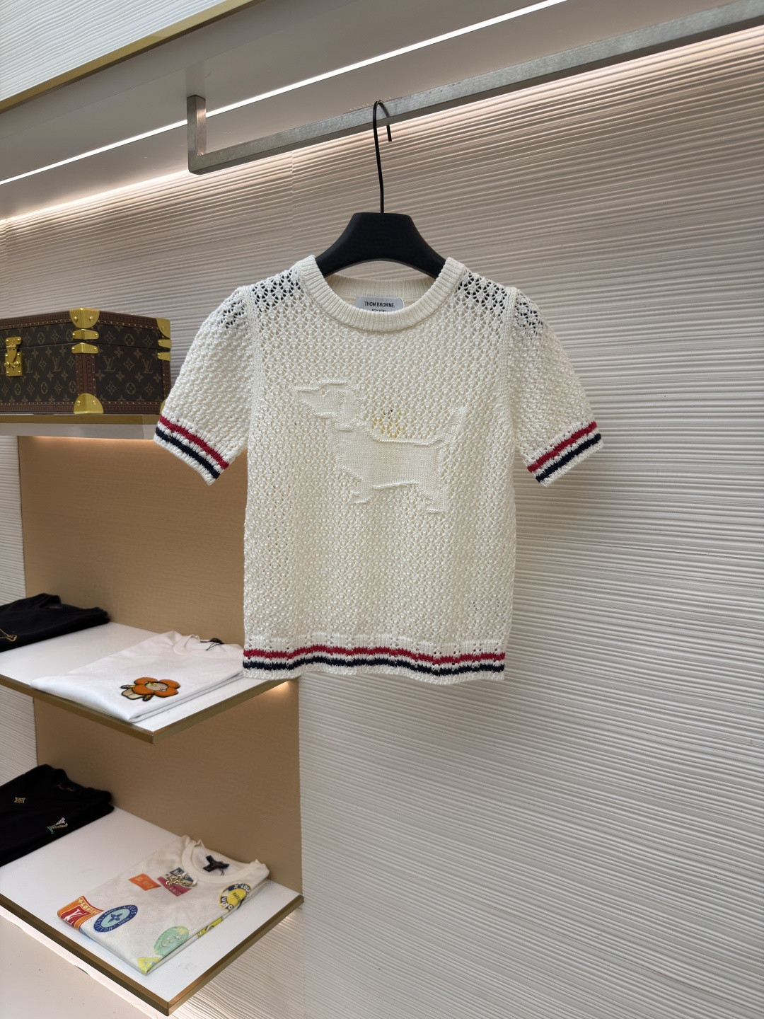 THOM BROWNE 条纹镂空圆领针织衫 短袖 T恤 灰色 蓝色 藏蓝色 粉色 白色 A7 FKA511A-Y306-2472