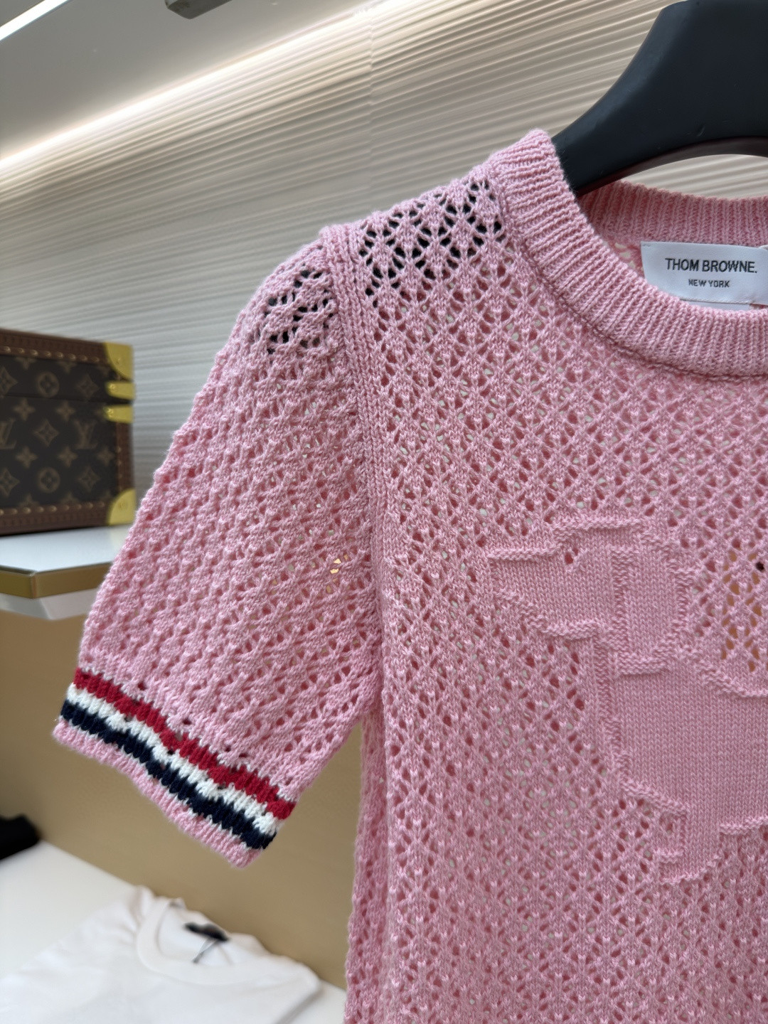 THOM BROWNE 条纹镂空圆领针织衫 短袖 T恤 灰色 蓝色 藏蓝色 粉色 白色 A7 FKA511A-Y306-2472