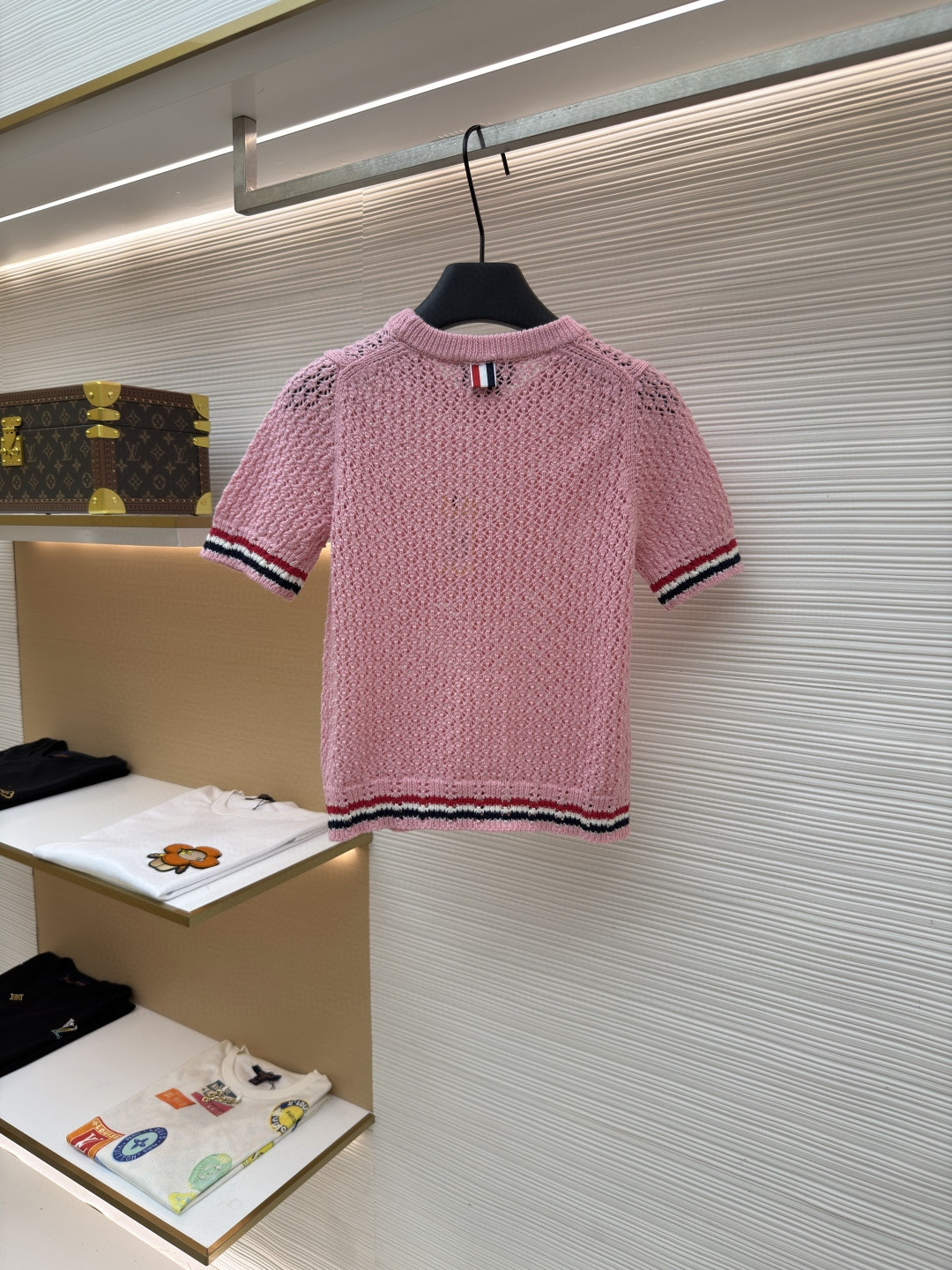 THOM BROWNE 条纹镂空圆领针织衫 短袖 T恤 灰色 蓝色 藏蓝色 粉色 白色 A7 FKA511A-Y306-2472