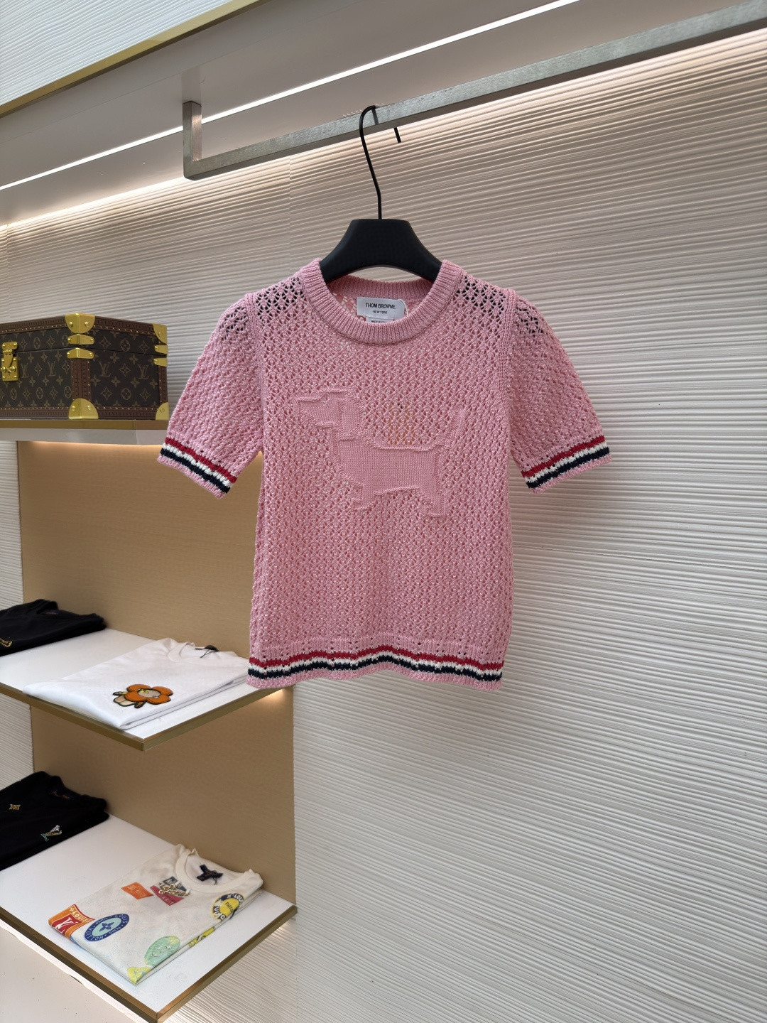 THOM BROWNE 条纹镂空圆领针织衫 短袖 T恤 灰色 蓝色 藏蓝色 粉色 白色 A7 FKA511A-Y306-2472
