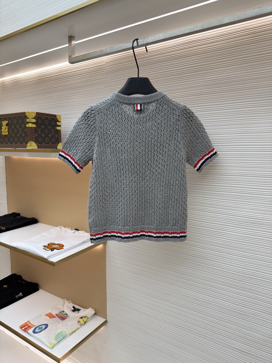 THOM BROWNE 条纹镂空圆领针织衫 短袖 T恤 灰色 蓝色 藏蓝色 粉色 白色 A7 FKA511A-Y306-2472