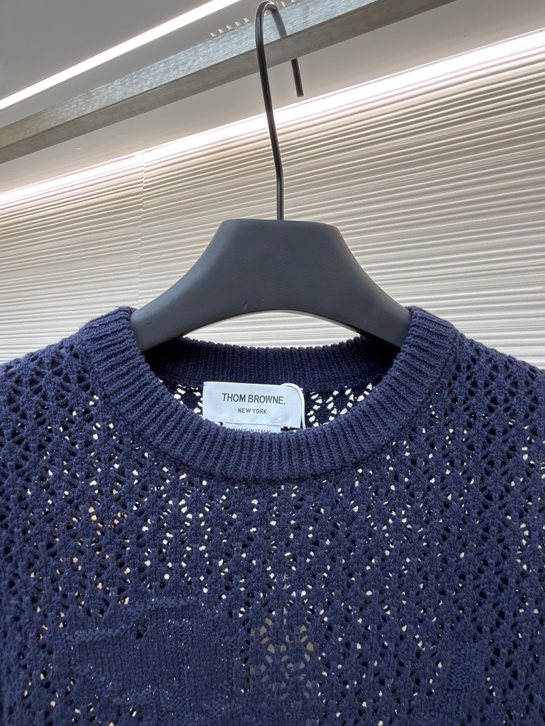 THOM BROWNE 条纹镂空圆领针织衫 短袖 T恤 灰色 蓝色 藏蓝色 粉色 白色 A7 FKA511A-Y306-2472