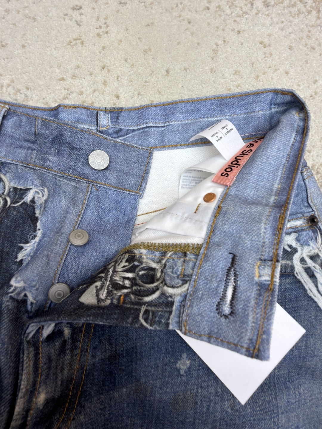 Acne Studios 错视印花染色做旧牛仔短裤 七分裤 牛仔裤 裤子 蓝色 B0