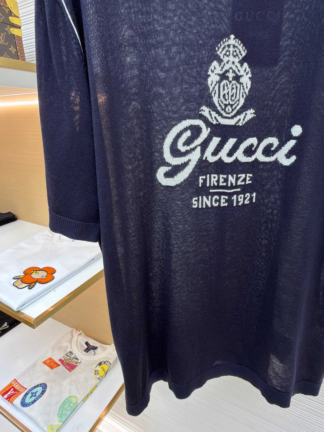 GUCCI 古驰 字母拼色嵌花针织衫短袖 T恤 夏季 藏蓝色 A5 851828-XKFC8-4041