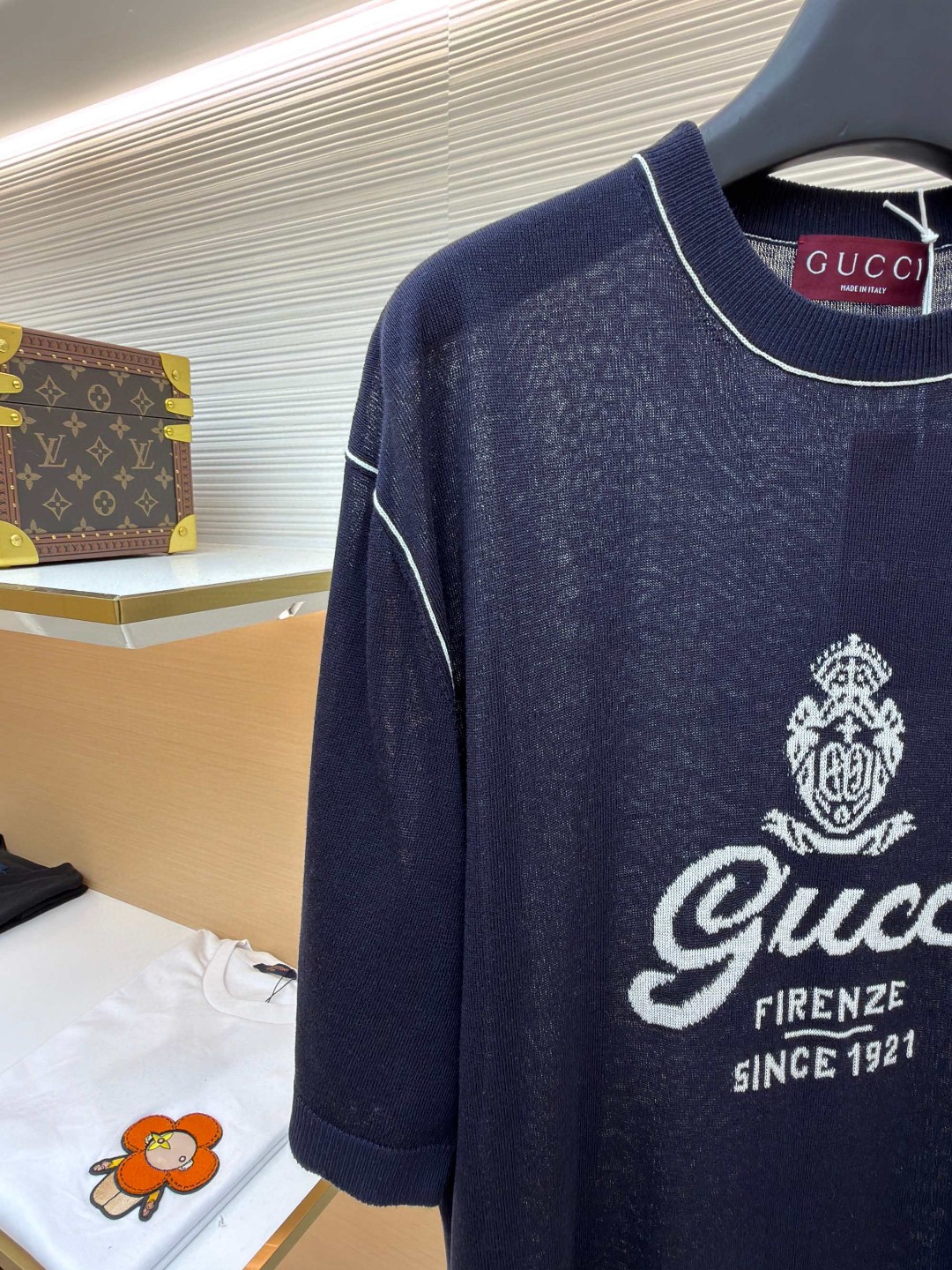 GUCCI 古驰 字母拼色嵌花针织衫短袖 T恤 夏季 藏蓝色 A5 851828-XKFC8-4041
