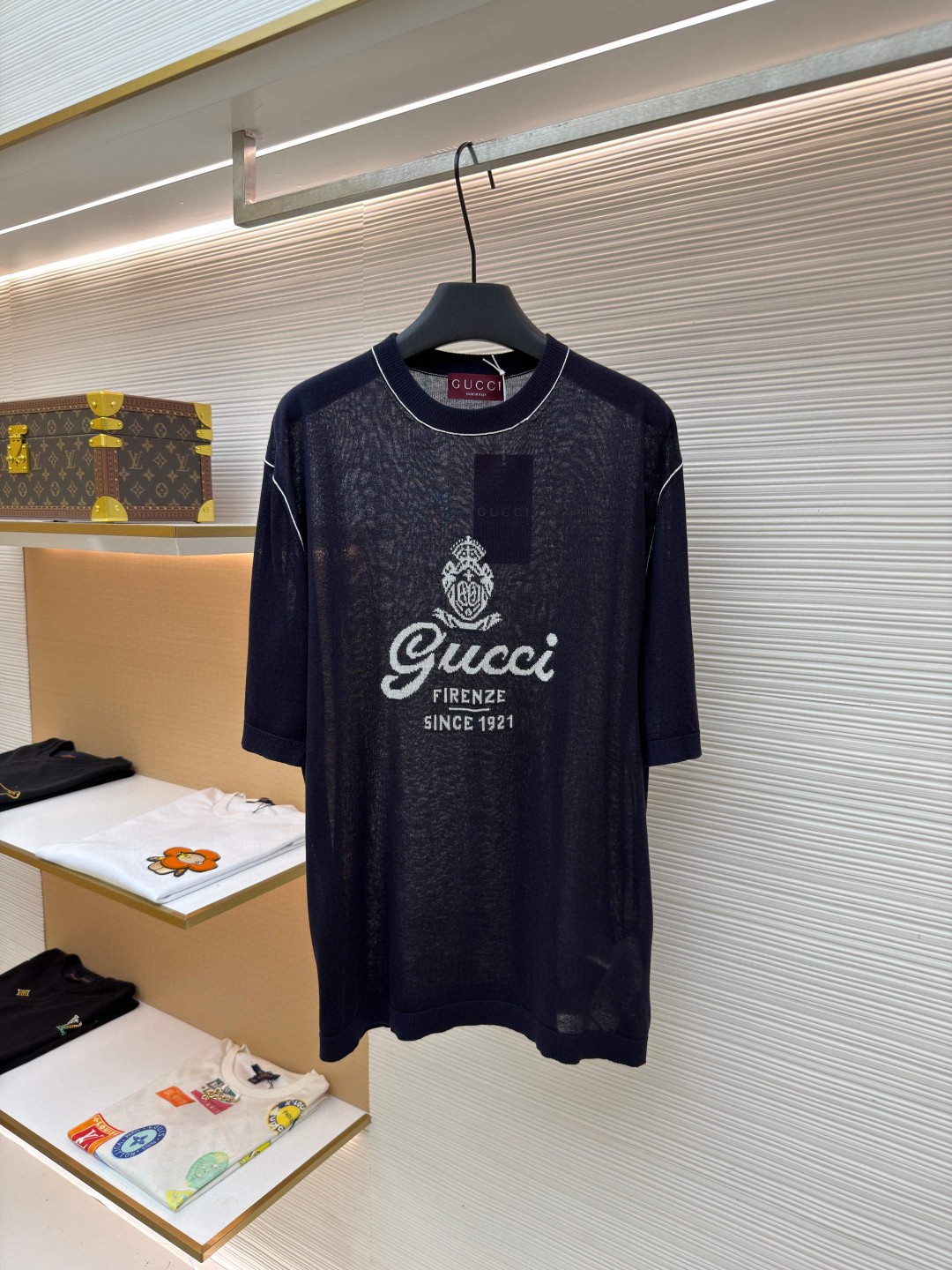 GUCCI 古驰 字母拼色嵌花针织衫短袖 T恤 夏季 藏蓝色 A5 851828-XKFC8-4041