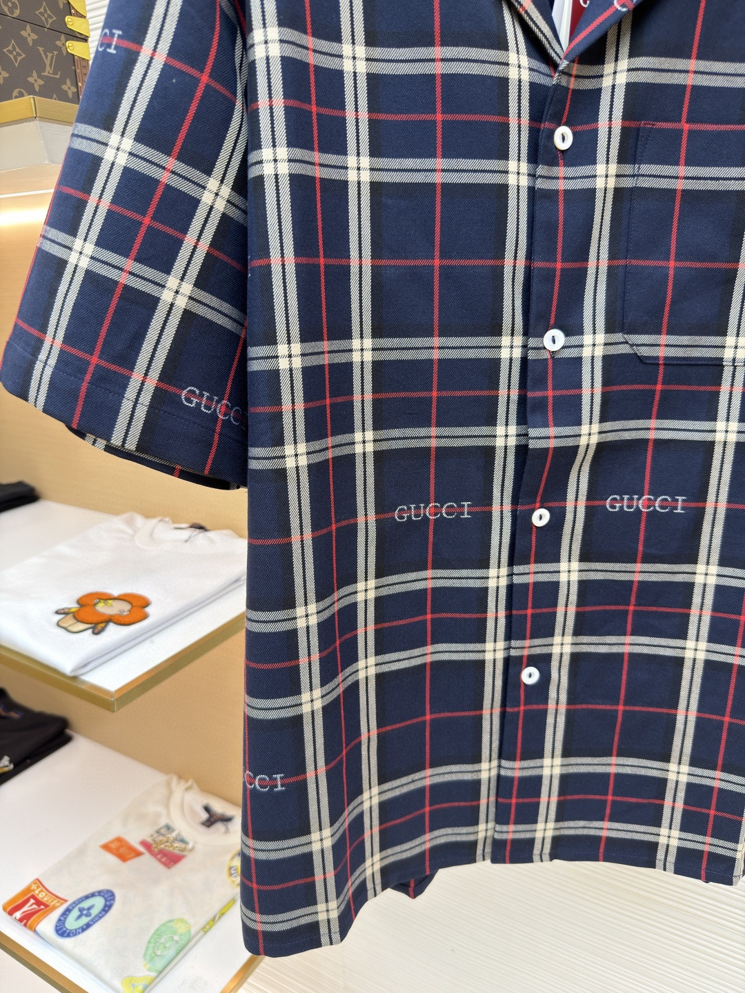 GUCCI 古驰 撞色格纹短袖衬衫 外套 夏季 蓝色 B0