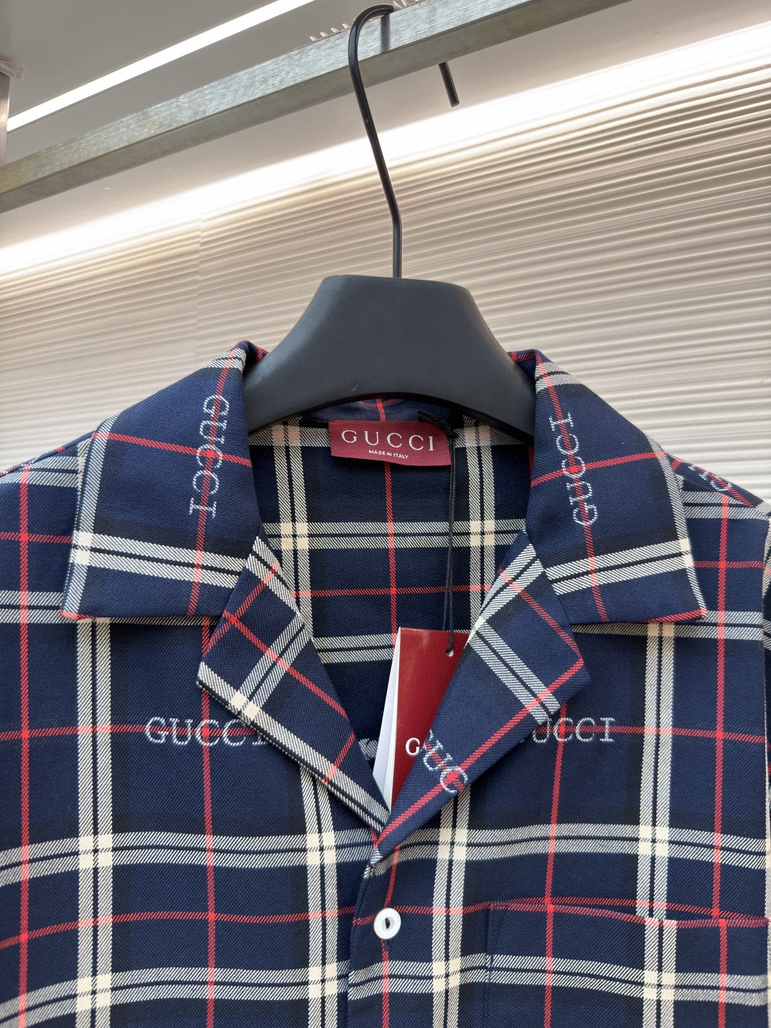 GUCCI 古驰 撞色格纹短袖衬衫 外套 夏季 蓝色 B0