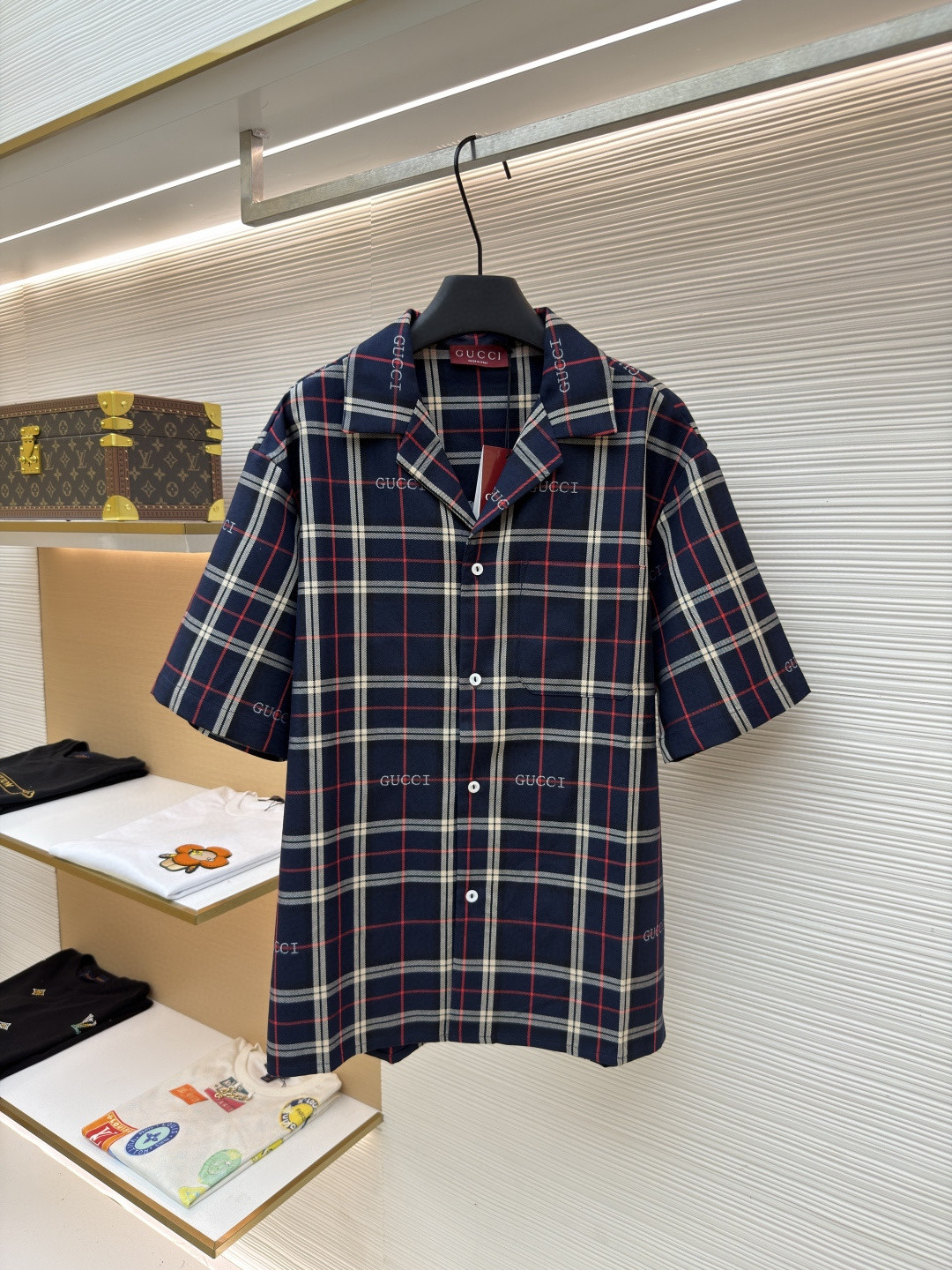 GUCCI 古驰 撞色格纹短袖衬衫 外套 夏季 蓝色 B0