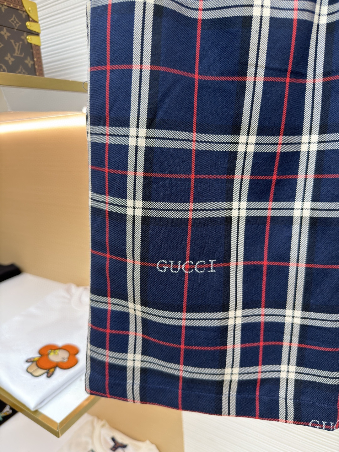 GUGGI 古驰 撞色格纹松紧腰短裤 休闲裤 裤子 五分裤 蓝色 B0