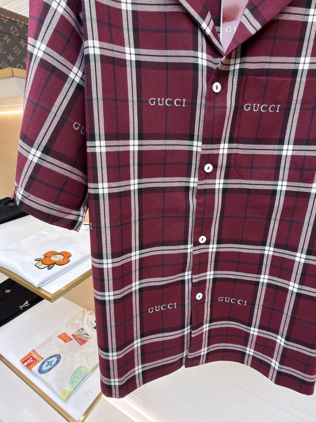 GUCCI 古驰 撞色格纹短袖衬衫 外套 夏季 红色 B0