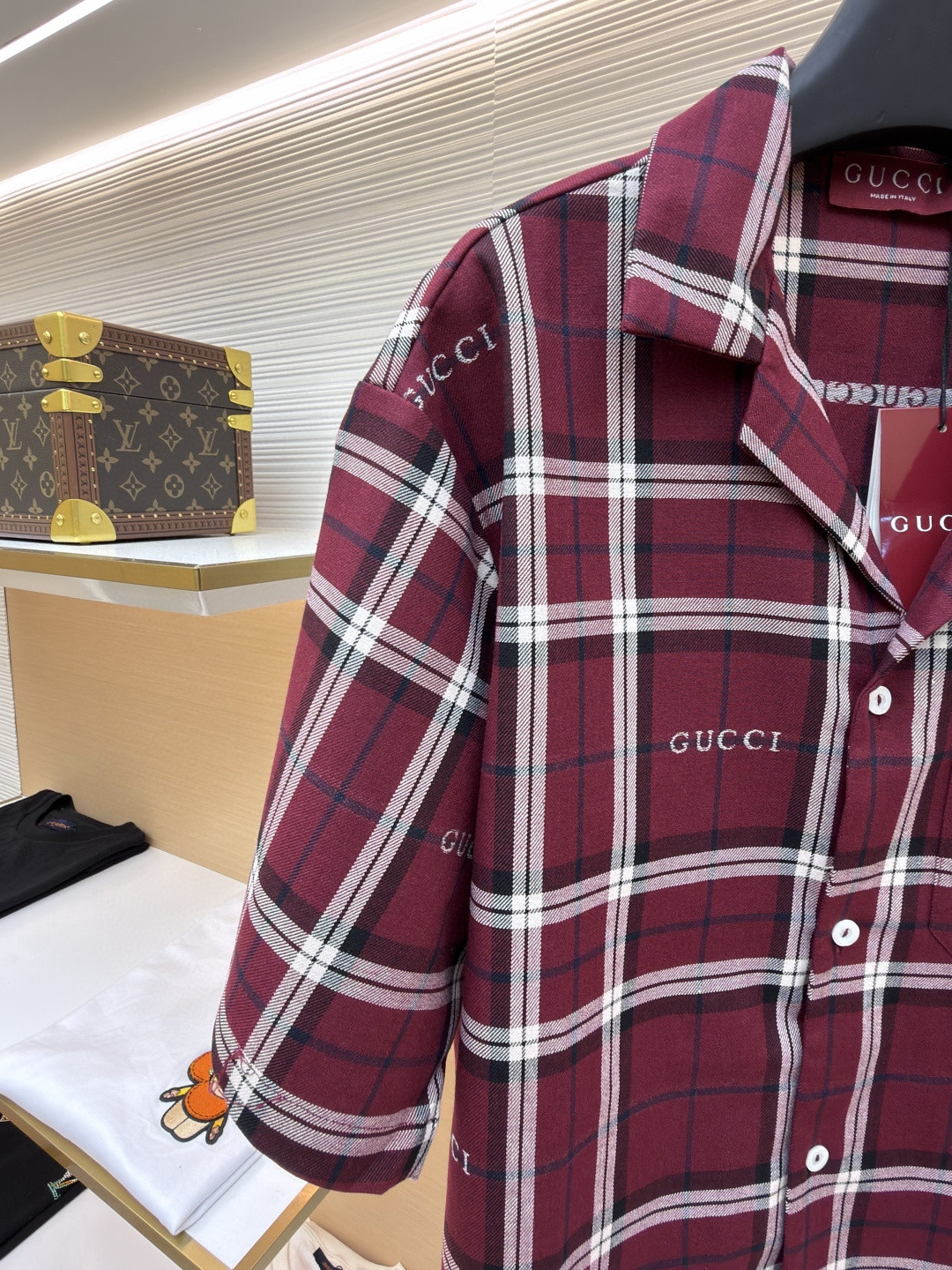 GUCCI 古驰 撞色格纹短袖衬衫 外套 夏季 红色 B0