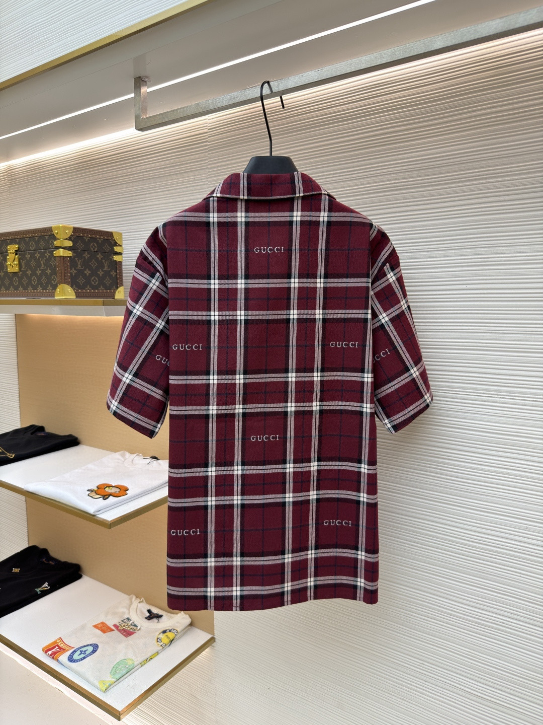 GUCCI 古驰 撞色格纹短袖衬衫 外套 夏季 红色 B0