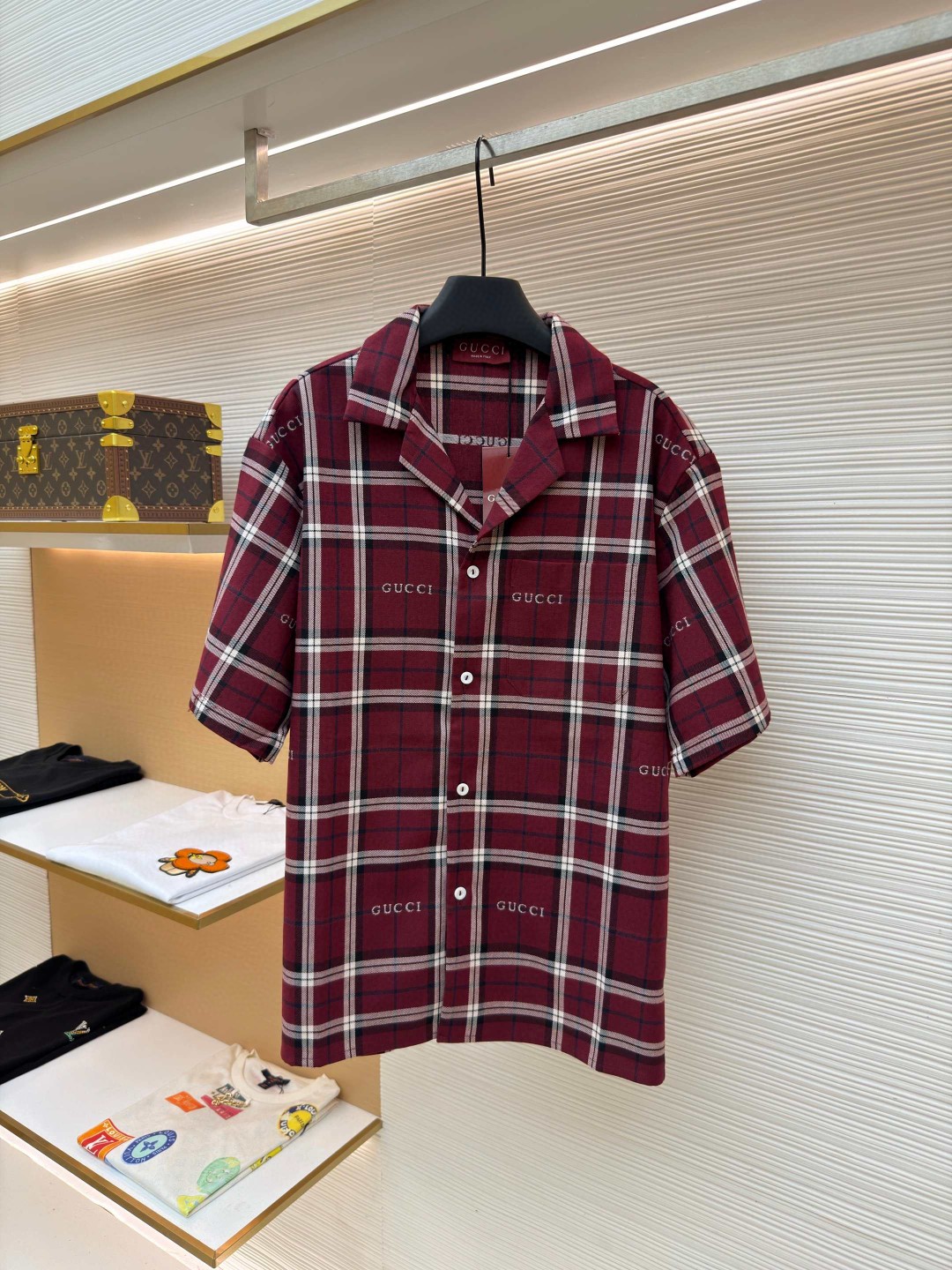 GUCCI 古驰 撞色格纹短袖衬衫 外套 夏季 红色 B0