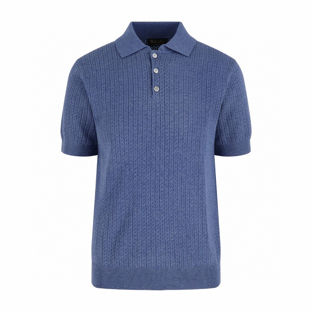 Loro Piana LP 镂空竖纹翻领老钱风针织Polo衫 短袖 夏季 杏色 蓝色 B0 