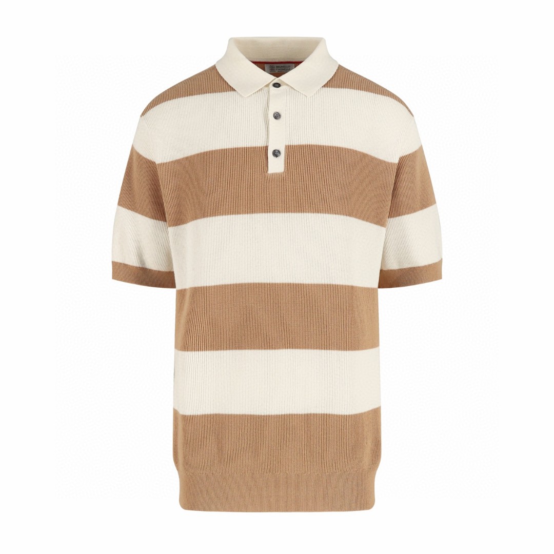 Brunello Cucinelli BC 海航条纹针织Polo衫 短袖 T恤 老钱风 黑色 米粽色  B0