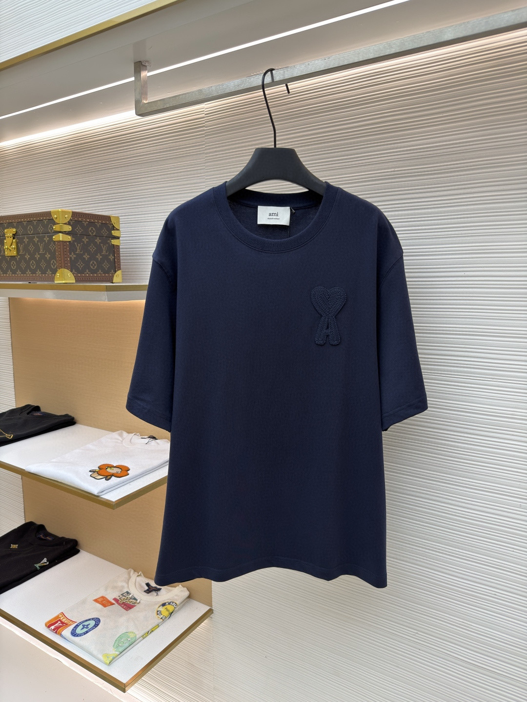 AMIPARIS Ami 钩针编织爱心圆领短袖 T恤 夏季 杏色 藏蓝色 A0 HTS065726-136