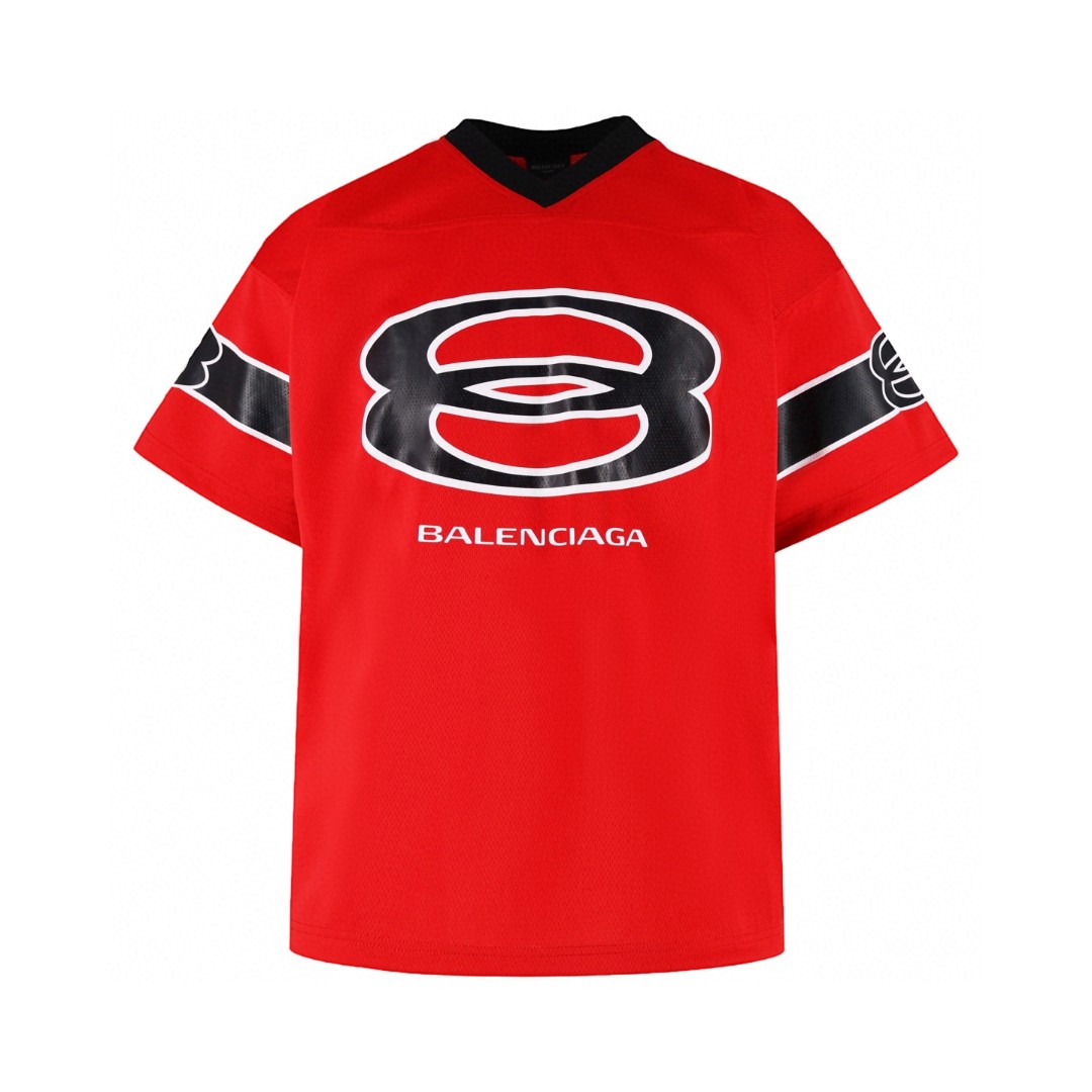 Balenciaga 巴黎世家 大8V领球衣 短袖 T恤 夏季 红色 黑色 A7 835906TSS166400