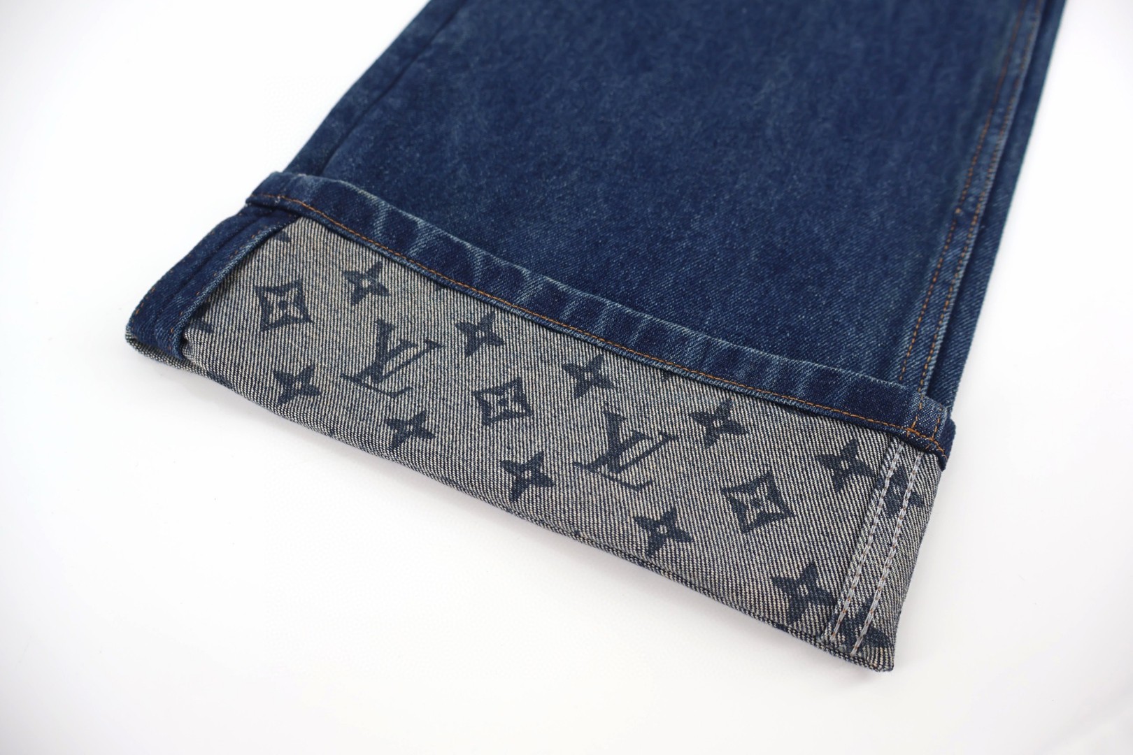 LOUIS VUITTON 路易威登 老花翻边直筒牛仔裤 长裤 裤子 蓝色 C0 1AK6RC