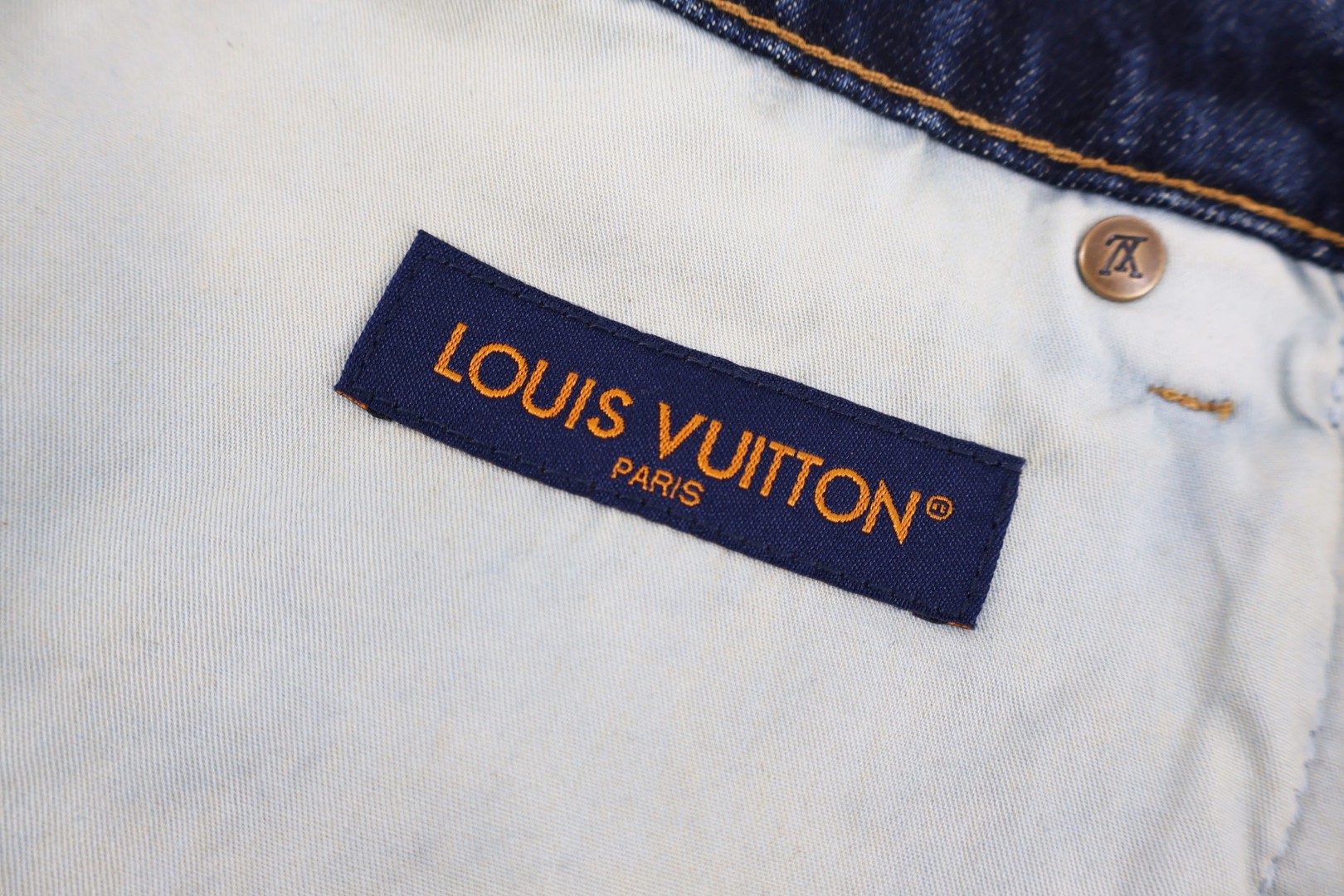LOUIS VUITTON 路易威登 字母提花拼接皮革牛仔裤 长裤 裤子 蓝色 C0 