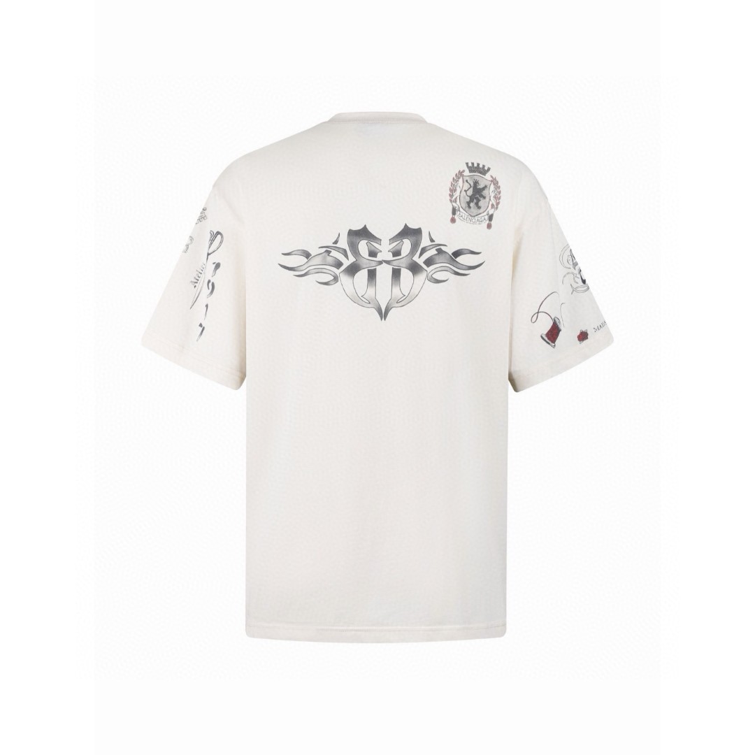 Balenciaga 巴黎世家 TATTOO纹身图案圆领短袖 T恤 夏季 米白色 A0 764235TUVJ29020