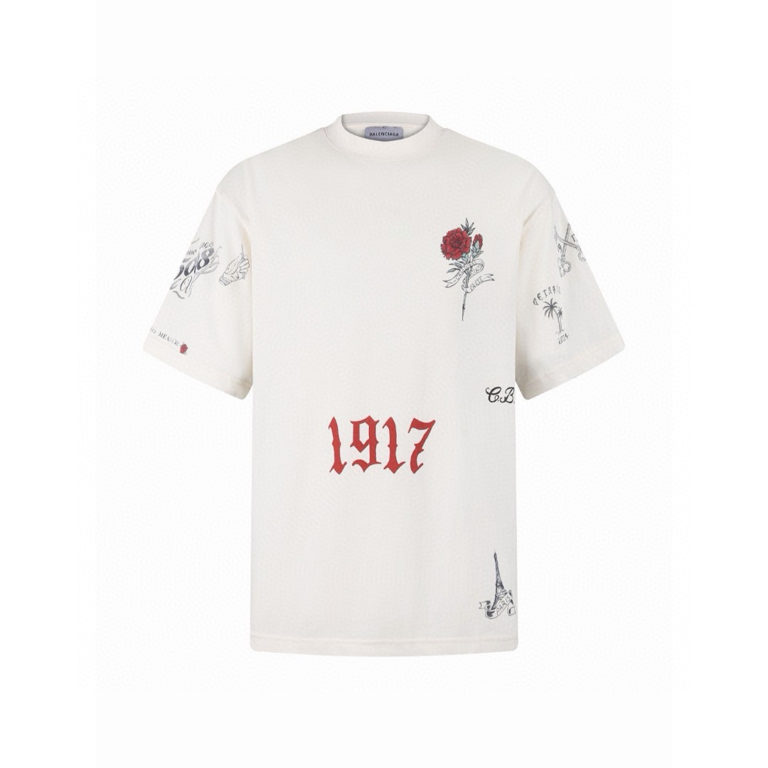 Balenciaga 巴黎世家 TATTOO纹身图案圆领短袖 T恤 夏季 米白色 A0 764235TUVJ29020