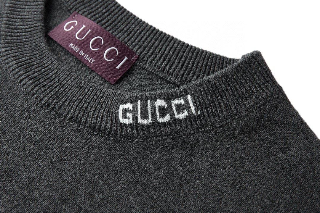 GUCCI 古驰 领口提花标识针织衫 短袖 T恤 米色 黑色 藏蓝色 灰色 A7 787736XKD2A-9034