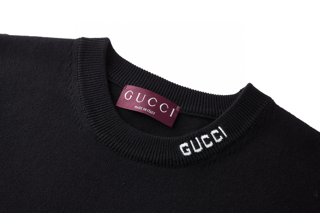 GUCCI 古驰 领口提花标识针织衫 短袖 T恤 米色 黑色 藏蓝色 灰色 A7 787736XKD2A-9034