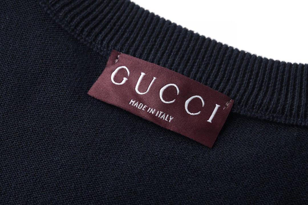 GUCCI 古驰 领口提花标识针织衫 短袖 T恤 米色 黑色 藏蓝色 灰色 A7 787736XKD2A-9034