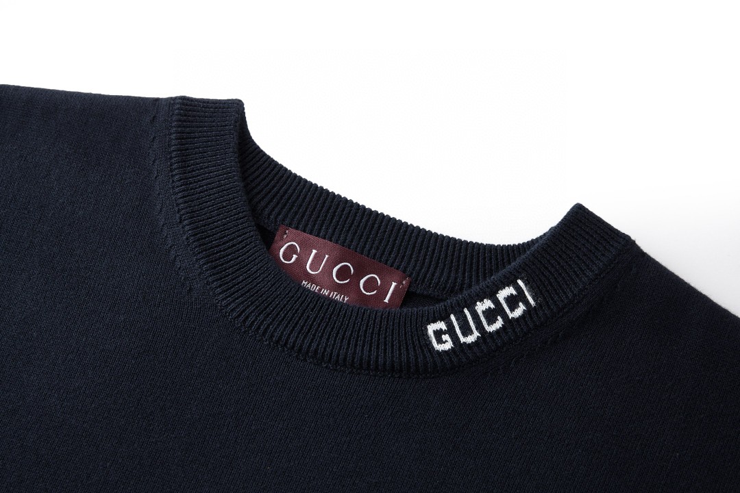 GUCCI 古驰 领口提花标识针织衫 短袖 T恤 米色 黑色 藏蓝色 灰色 A7 787736XKD2A-9034