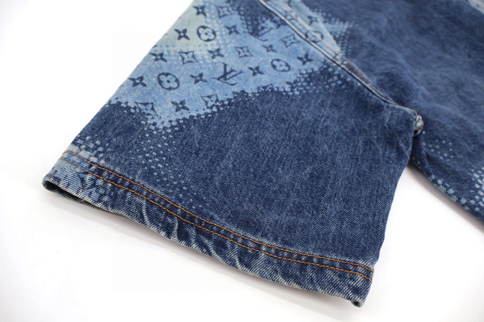 LOUIS VUITTON 路易威登 LV 像素拼接老花牛仔衬衫 短袖 外套 蓝色 C0 1AFAVH