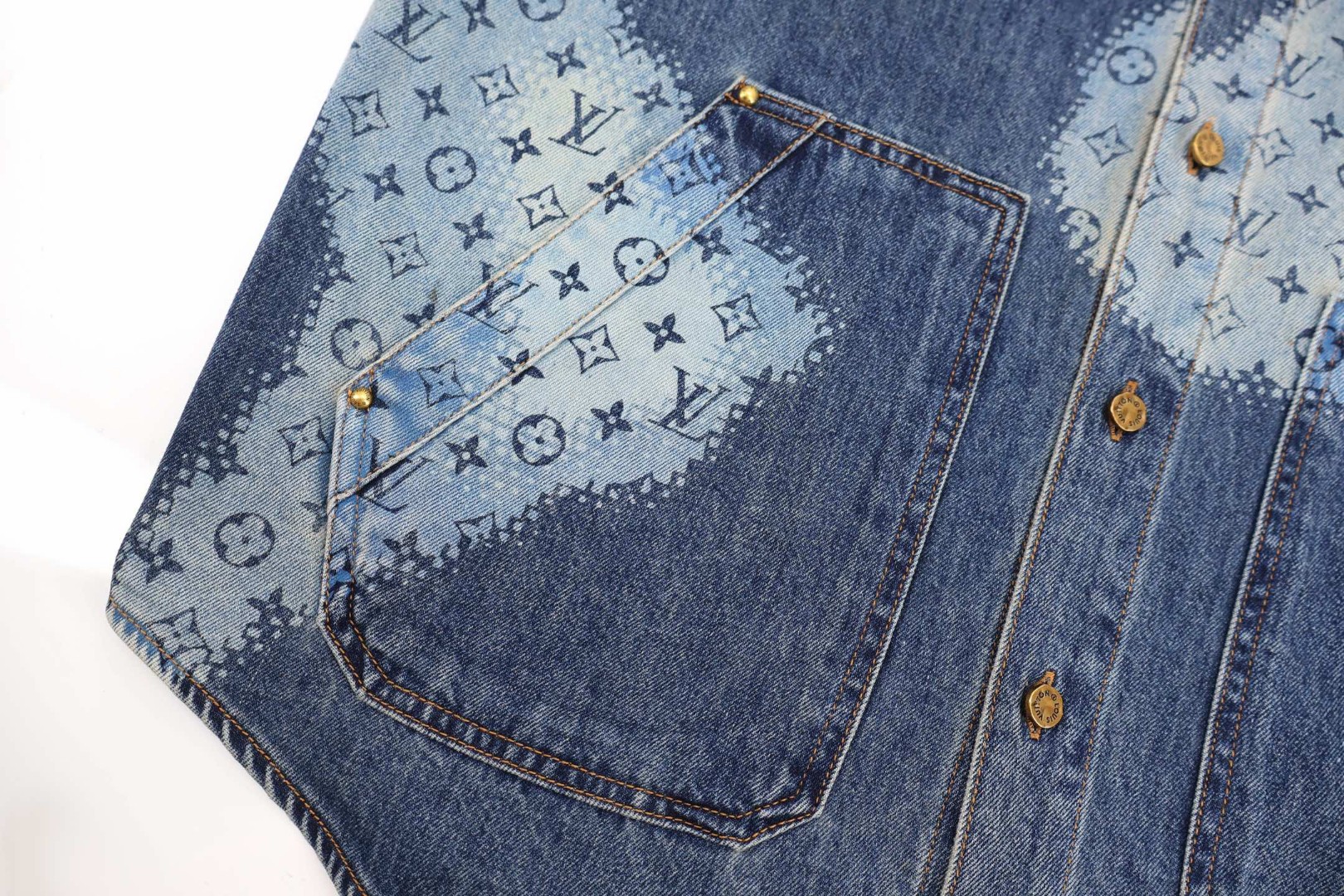 LOUIS VUITTON 路易威登 LV 像素拼接老花牛仔衬衫 短袖 外套 蓝色 C0 1AFAVH