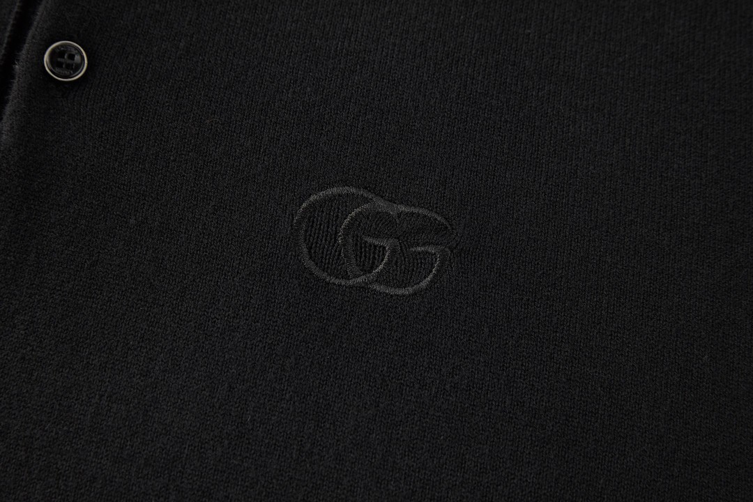 GUCCI 古驰 双G刺绣标识针织Polo衫 短袖 夏季 黑色 B0