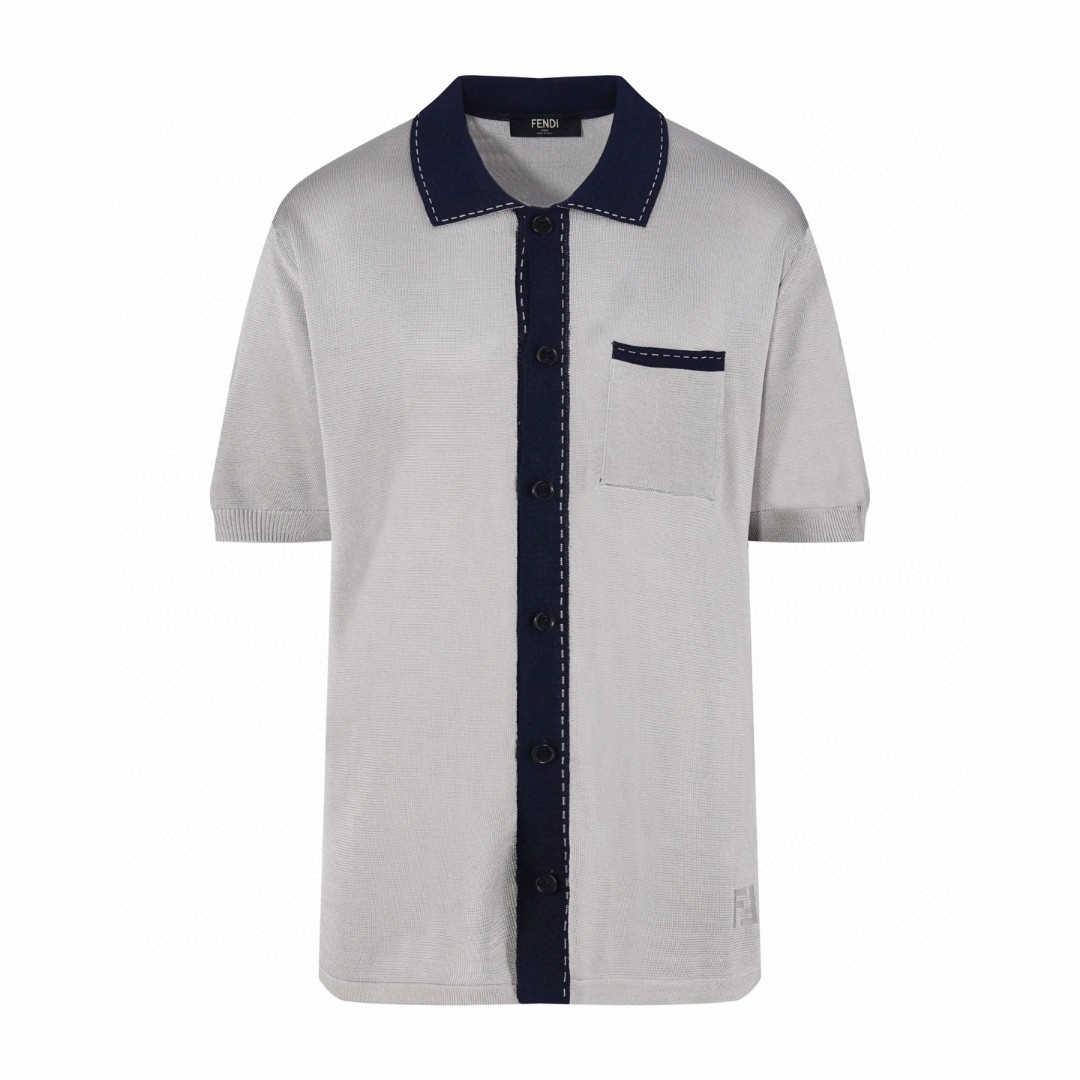 FENDI 芬迪 嵌花贴袋针织开衫 polo衫 短袖 上衣 夏款 灰色 B0 FZC168B04VF1WOH